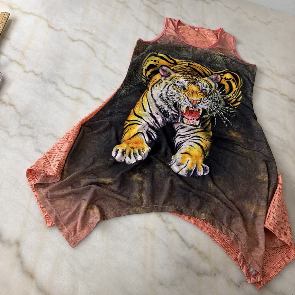Y2K Tiger Dress Shirt Bling Sleeveless Sz Med Mesh‎ Back Rhinestones Beach Cover - Picture 6 of 14